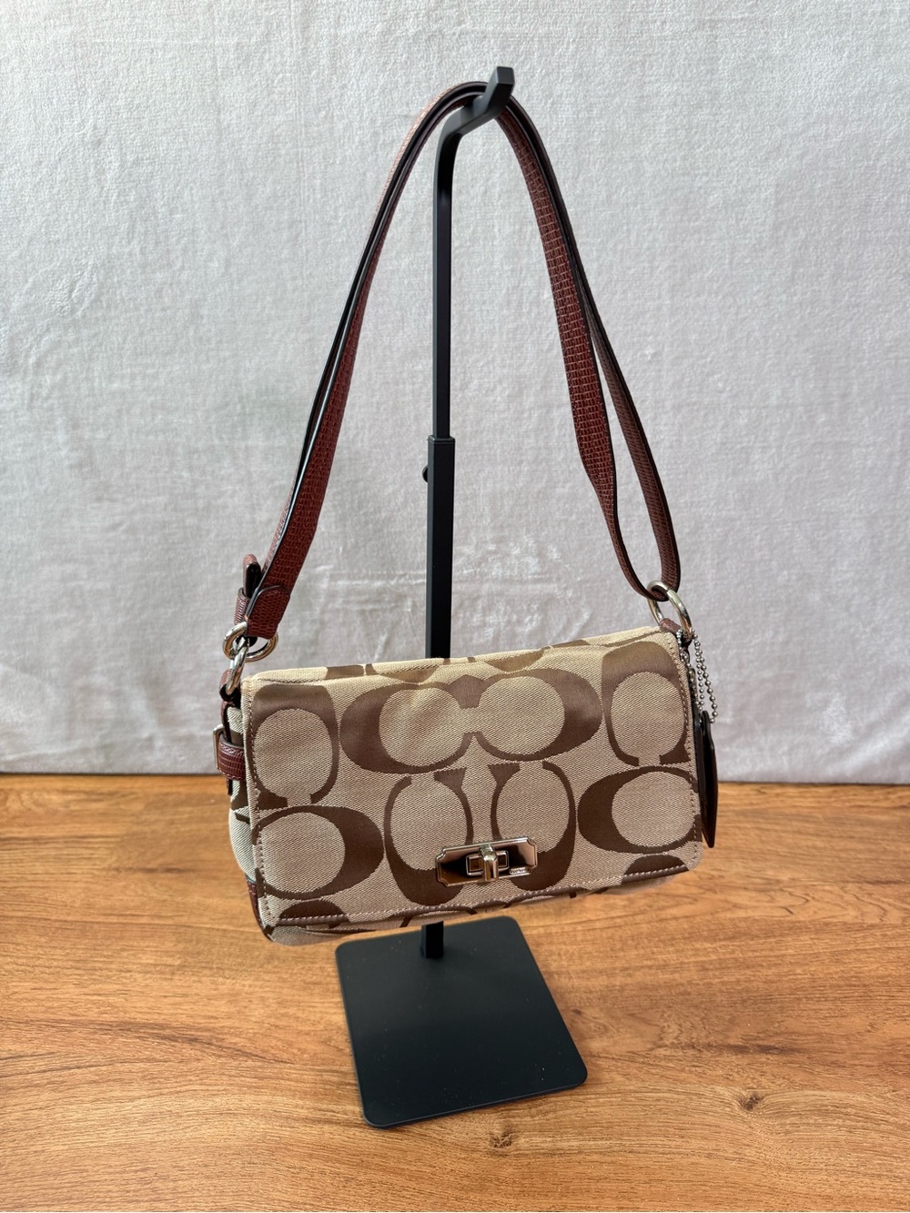 Coach F17798 Signature Khaki Brown Jacquard Canvas Turnlock Flap Shoulder Bag